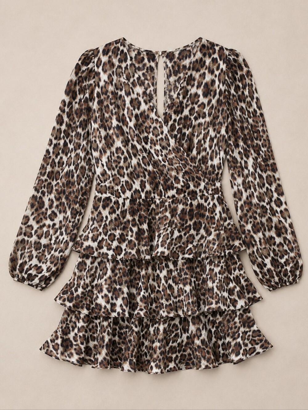 Cupshe Leopard Mini Dress Tiered Flounce & Ruffle Bishop Sleeve Brown Sm Mobwife - Picture 2 of 6